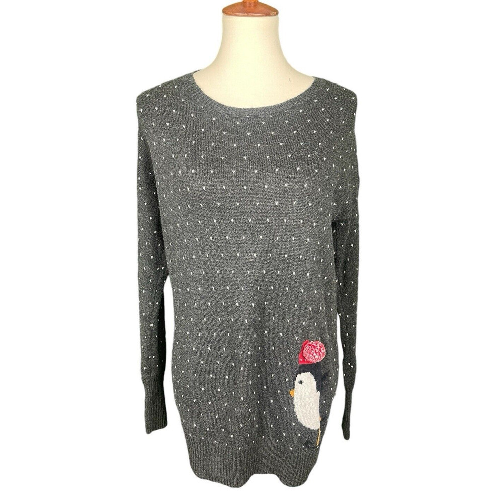 Wearing Your Heart On Your Sleeve Sweater Women Size L Gray Hearts and Penguin - Picture 2 of 7